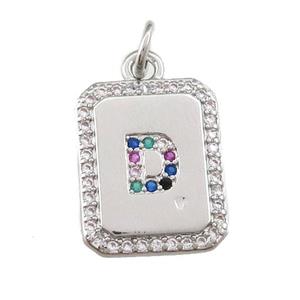 copper Letter-D pendant paved zircon, rectangle, platinum plated, approx 12-15mm [FN25220]