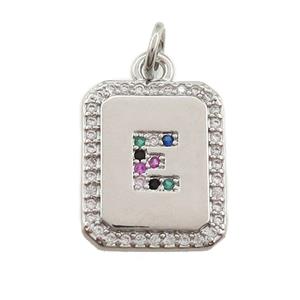 copper Letter-E pendant paved zircon, rectangle, platinum plated, approx 12-15mm [FN25221]