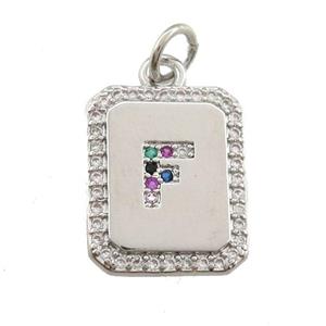 copper Letter-F pendant paved zircon, rectangle, platinum plated, approx 12-15mm [FN25222]