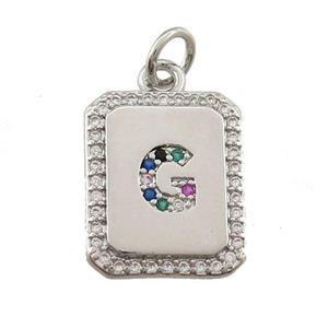 copper Letter-G pendant paved zircon, rectangle, platinum plated, approx 12-15mm [FN25223]