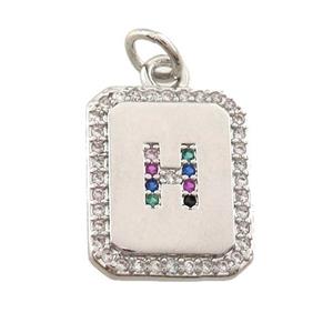copper Letter-H pendant paved zircon, rectangle, platinum plated, approx 12-15mm [FN25224]