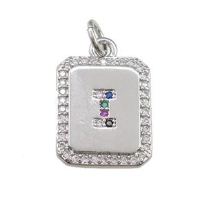 copper Letter-I pendant paved zircon, rectangle, platinum plated, approx 12-15mm [FN25225]