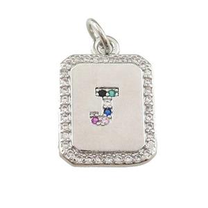 copper Letter-J pendant paved zircon, rectangle, platinum plated, approx 12-15mm [FN25226]