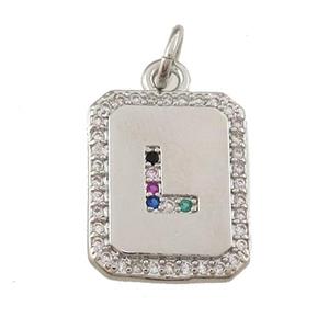 copper Letter-L pendant paved zircon, rectangle, platinum plated, approx 12-15mm [FN25228]