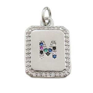 copper Letter-M pendant paved zircon, rectangle, platinum plated, approx 12-15mm [FN25229]