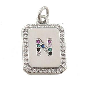 copper Letter-N pendant paved zircon, rectangle, platinum plated, approx 12-15mm [FN25230]
