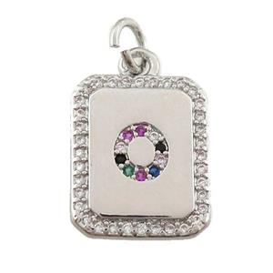 copper Letter-O pendant paved zircon, rectangle, platinum plated, approx 12-15mm [FN25231]