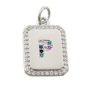 copper Letter-P pendant paved zircon, rectangle, platinum plated, approx 12-15mm [FN25232]