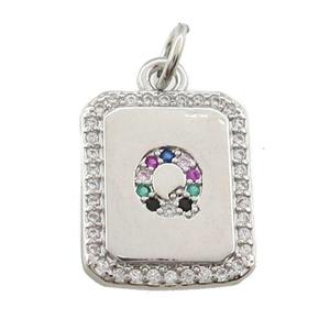 copper Letter-Q pendant paved zircon, rectangle, platinum plated, approx 12-15mm [FN25233]