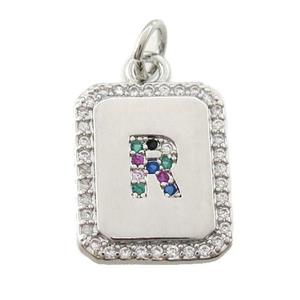 copper Letter-R pendant paved zircon, rectangle, platinum plated, approx 12-15mm [FN25234]