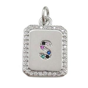 copper Letter-S pendant paved zircon, rectangle, platinum plated, approx 12-15mm [FN25235]