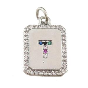 copper Letter-T pendant paved zircon, rectangle, platinum plated, approx 12-15mm [FN25236]