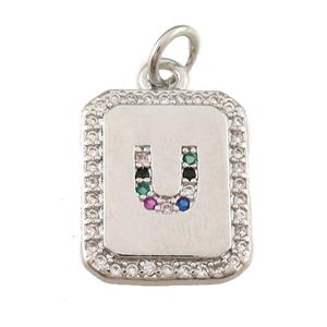 copper Letter-U pendant paved zircon, rectangle, platinum plated, approx 12-15mm [FN25237]