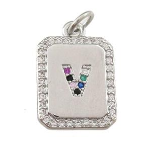 copper Letter-V pendant paved zircon, rectangle, platinum plated, approx 12-15mm [FN25238]