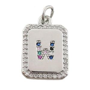 copper Letter-W pendant paved zircon, rectangle, platinum plated, approx 12-15mm [FN25239]