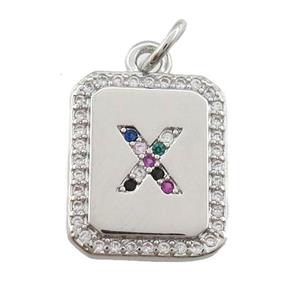 copper Letter-X pendant paved zircon, rectangle, platinum plated, approx 12-15mm [FN25240]