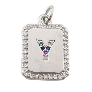 copper Letter-Y pendant paved zircon, rectangle, platinum plated, approx 12-15mm [FN25241]