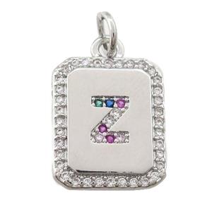 copper Letter-Z pendant paved zircon, rectangle, platinum plated, approx 12-15mm [FN25242]