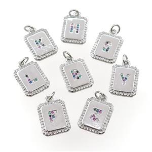 copper Letter pendant paved zircon, mix alphabet, rectangle, platinum plated, approx 12-15mm [FN25243]