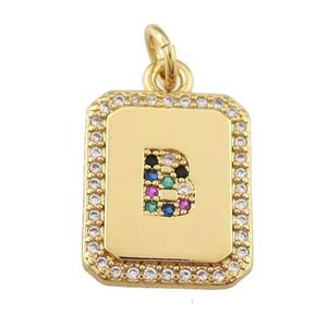 copper Letter-B pendant paved zircon, rectangle, gold plated, approx 12-15mm [FN25245]
