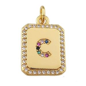 copper Letter-C pendant paved zircon, rectangle, gold plated, approx 12-15mm [FN25246]