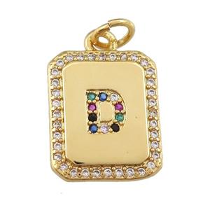 copper Letter-D pendant paved zircon, rectangle, gold plated, approx 12-15mm [FN25247]