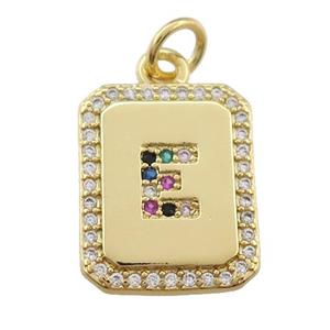 copper Letter-E pendant paved zircon, rectangle, gold plated, approx 12-15mm [FN25248]
