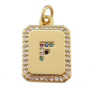 copper Letter-F pendant paved zircon, rectangle, gold plated, approx 12-15mm [FN25249]