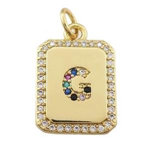 copper Letter-G pendant paved zircon, rectangle, gold plated, approx 12-15mm [FN25250]