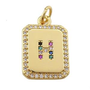 copper Letter-H pendant paved zircon, rectangle, gold plated, approx 12-15mm [FN25251]