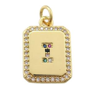 copper Letter-I pendant paved zircon, rectangle, gold plated, approx 12-15mm [FN25252]