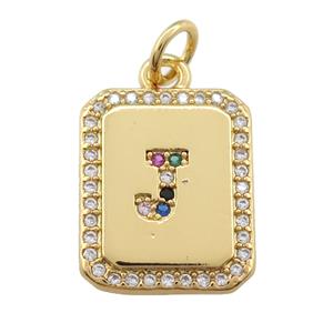 copper Letter-J pendant paved zircon, rectangle, gold plated, approx 12-15mm [FN25253]