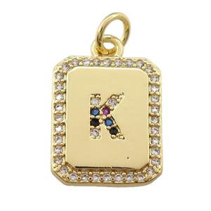 copper Letter-K pendant paved zircon, rectangle, gold plated, approx 12-15mm [FN25254]