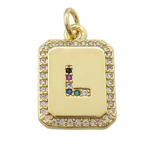 copper Letter-L pendant paved zircon, rectangle, gold plated, approx 12-15mm [FN25255]