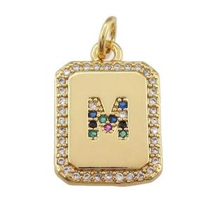 copper Letter-M pendant paved zircon, rectangle, gold plated, approx 12-15mm [FN25256]
