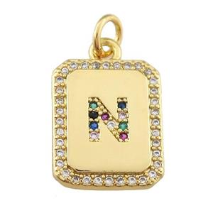 copper Letter-N pendant paved zircon, rectangle, gold plated, approx 12-15mm [FN25257]
