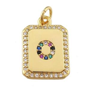 copper Letter-O pendant paved zircon, rectangle, gold plated, approx 12-15mm [FN25258]