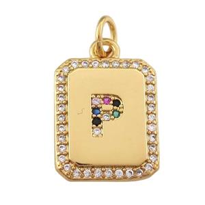 copper Letter-P pendant paved zircon, rectangle, gold plated, approx 12-15mm [FN25259]