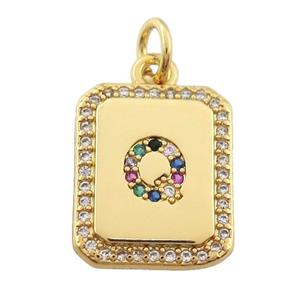 copper Letter-Q pendant paved zircon, rectangle, gold plated, approx 12-15mm [FN25260]