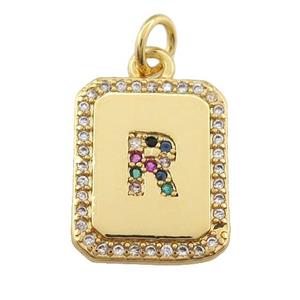 copper Letter-R pendant paved zircon, rectangle, gold plated, approx 12-15mm [FN25261]