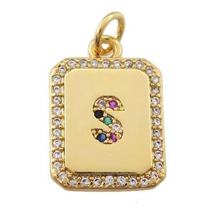 copper Letter-S pendant paved zircon, rectangle, gold plated, approx 12-15mm [FN25262]