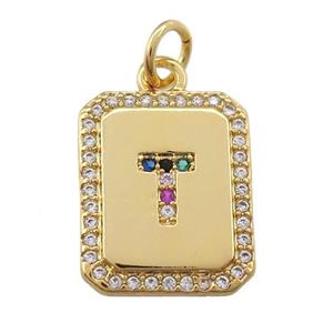 copper Letter-T pendant paved zircon, rectangle, gold plated, approx 12-15mm [FN25263]