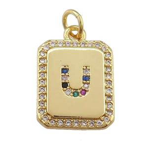 copper Letter-U pendant paved zircon, rectangle, gold plated, approx 12-15mm [FN25264]