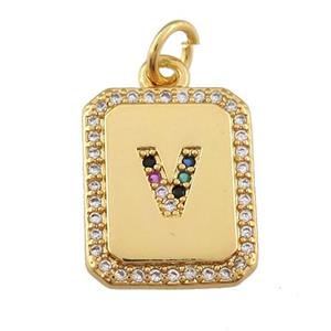 copper Letter-V pendant paved zircon, rectangle, gold plated, approx 12-15mm [FN25265]