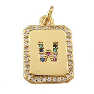 copper Letter-W pendant paved zircon, rectangle, gold plated, approx 12-15mm [FN25266]
