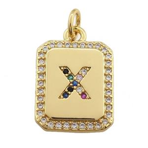 copper Letter-X pendant paved zircon, rectangle, gold plated, approx 12-15mm [FN25267]