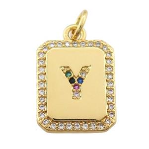 copper Letter-Y pendant paved zircon, rectangle, gold plated, approx 12-15mm [FN25268]