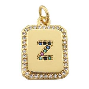 copper Letter-Z pendant paved zircon, rectangle, gold plated, approx 12-15mm [FN25269]