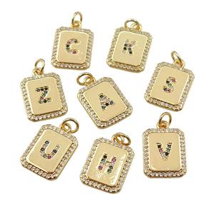 copper Letter pendant paved zircon, mix alphabet, rectangle, gold plated, approx 12-15mm [FN25270]