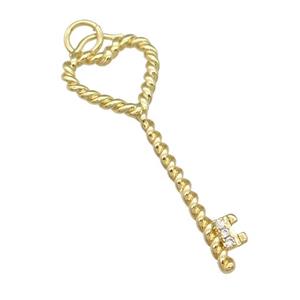 copper Key charm pendant paved zircon, gold plated, approx 12-35mm [FN25271]